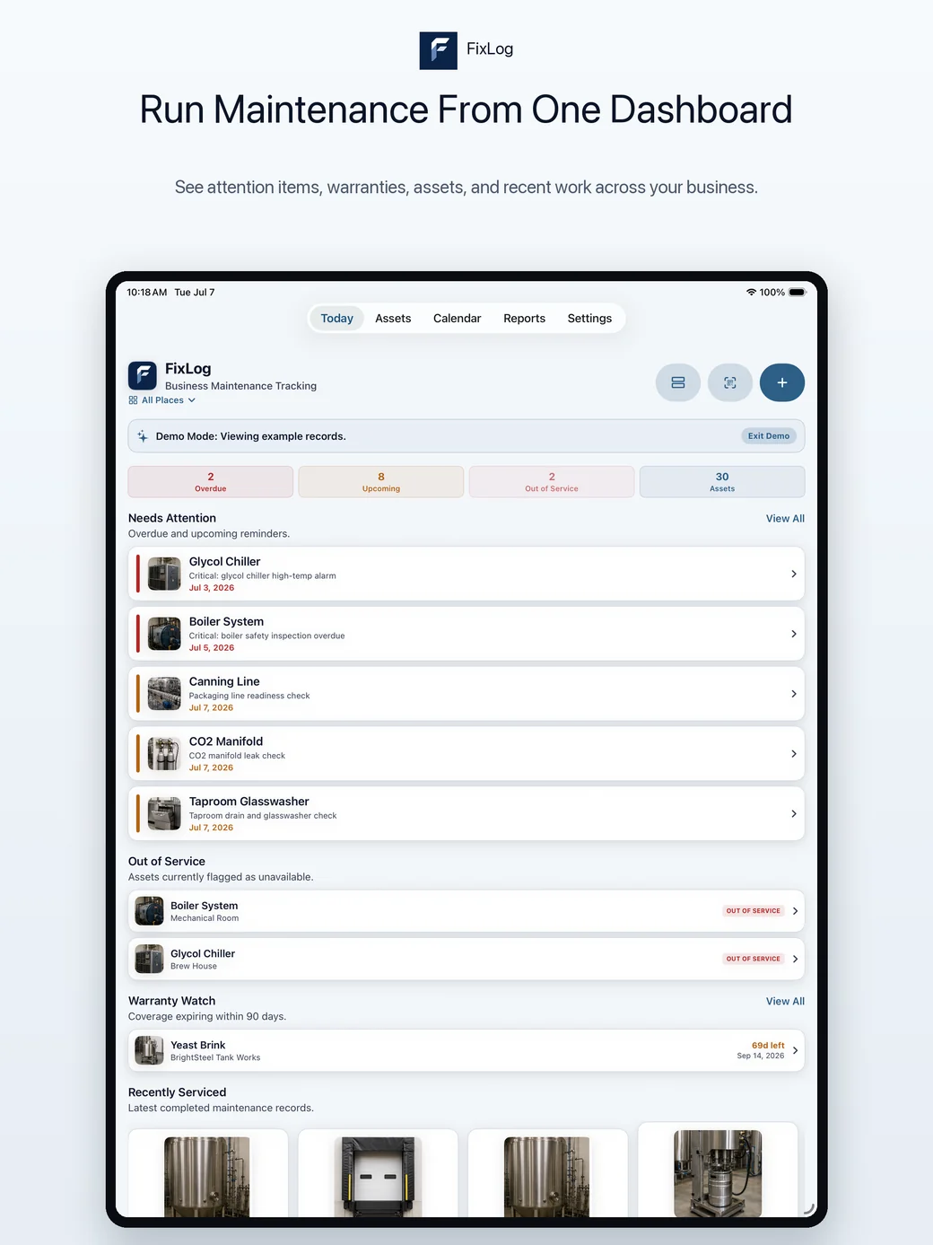 FixLog iPad maintenance dashboard