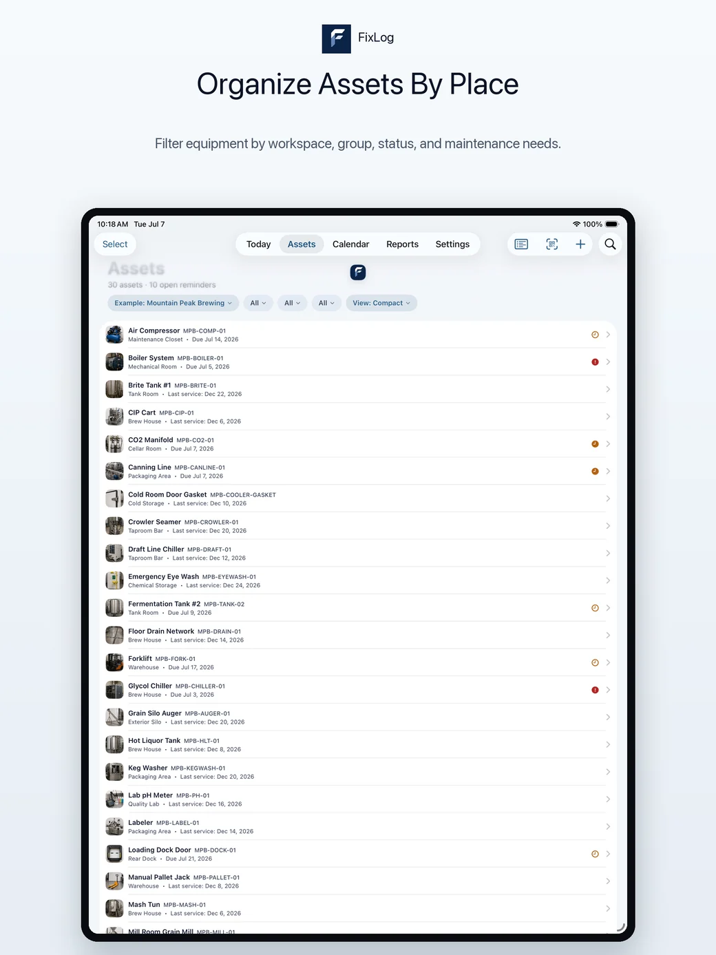 FixLog iPad assets organized by place
