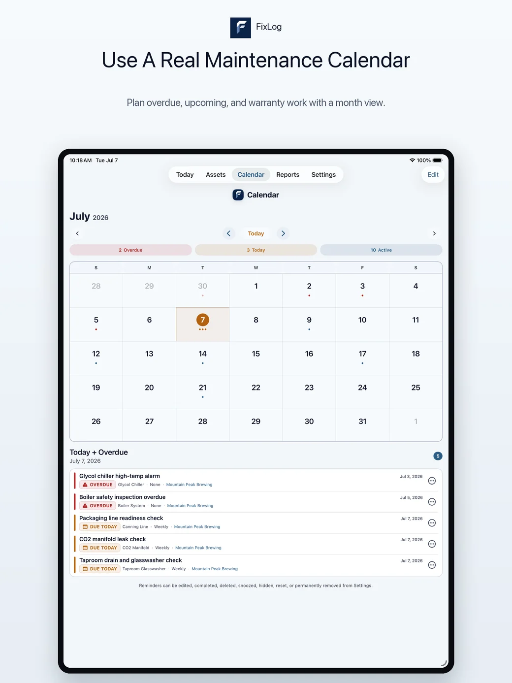 FixLog iPad maintenance calendar