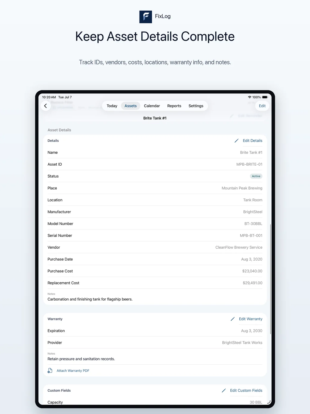 FixLog iPad asset detail screen