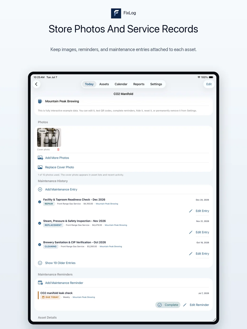 FixLog iPad asset photos and service records
