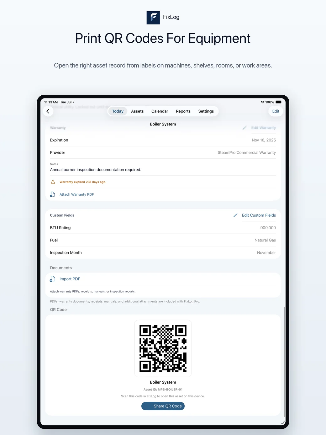 FixLog iPad QR code label selection