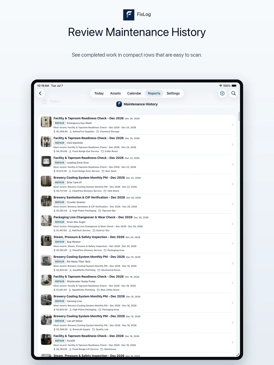 FixLog iPad maintenance history report