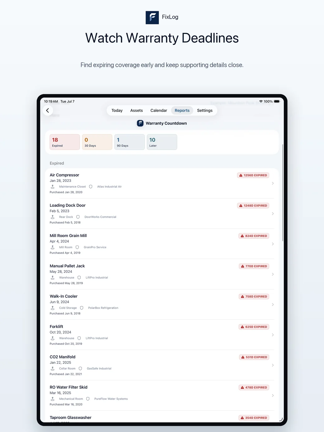 FixLog iPad warranty deadline report