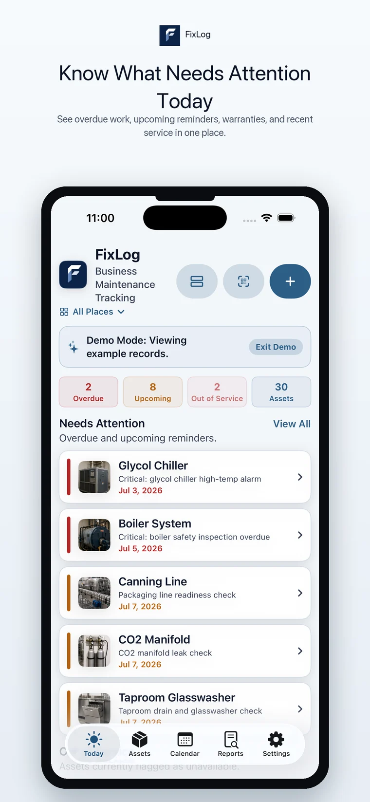 FixLog iPhone Today dashboard showing maintenance that needs attention