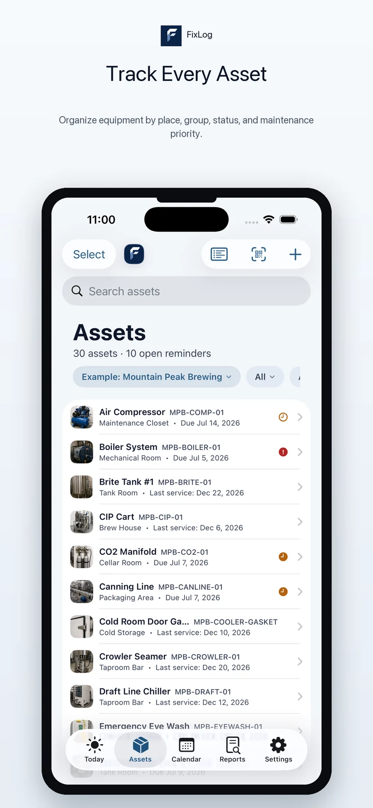 FixLog iPhone asset list with tracked equipment