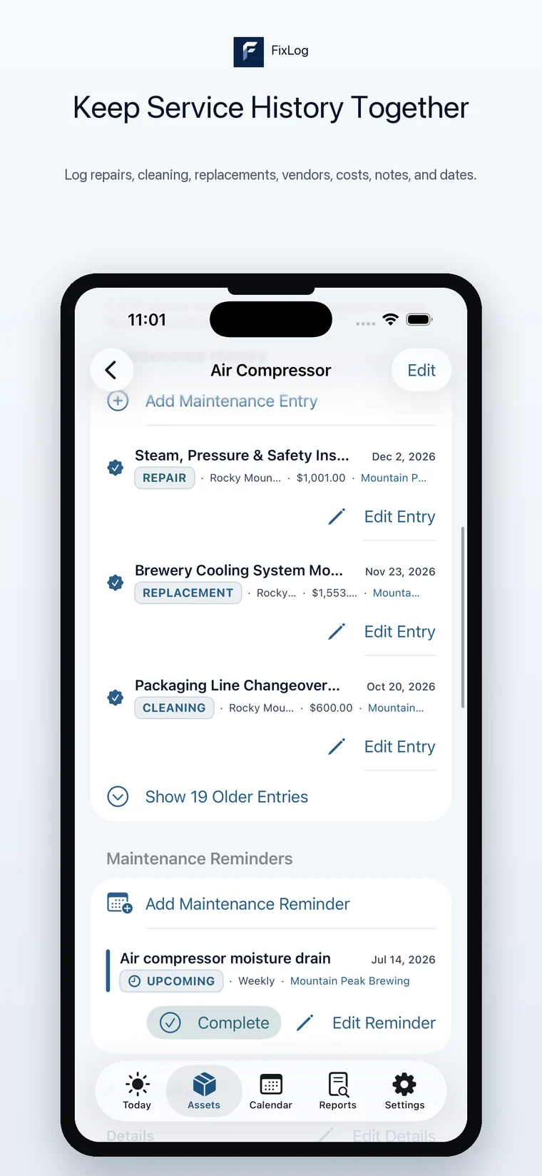 FixLog iPhone asset service history screen