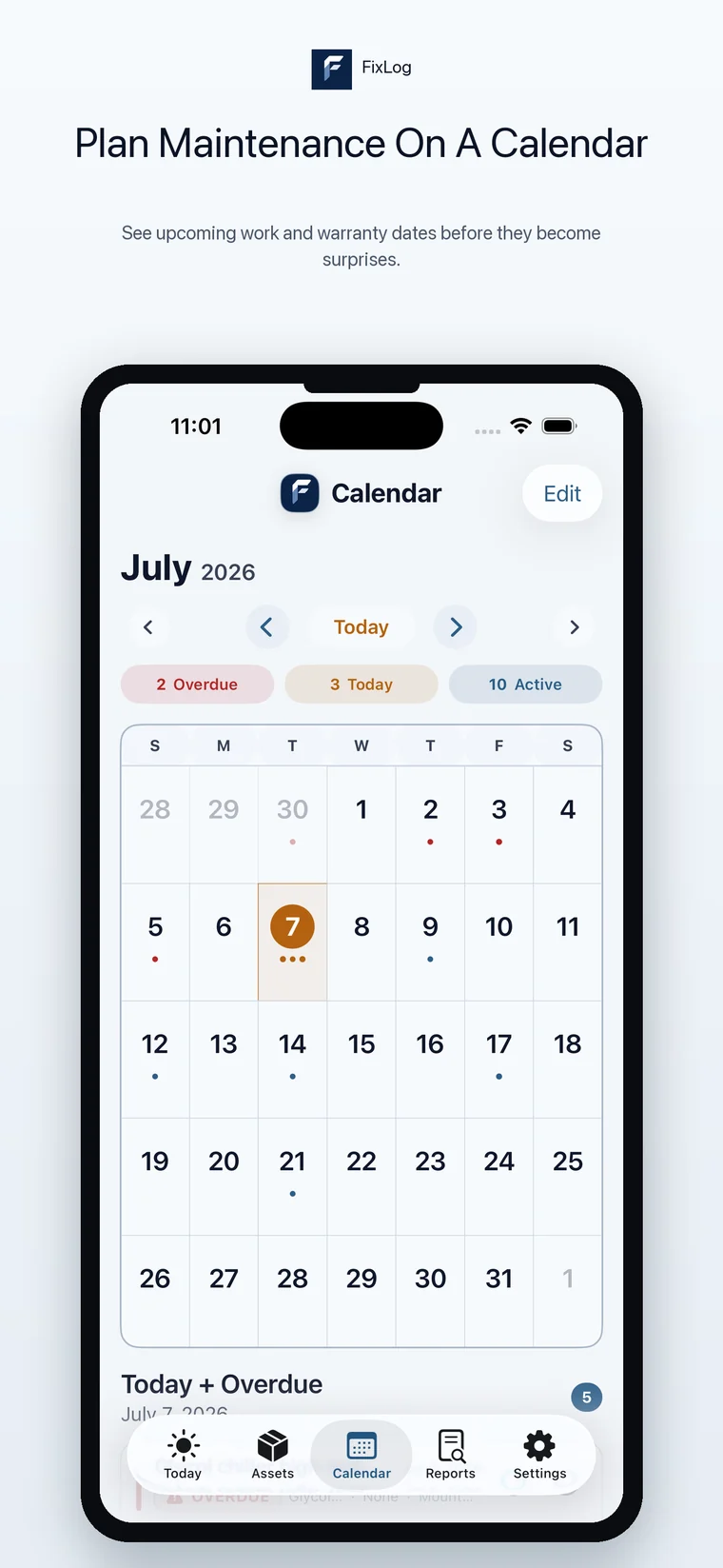 FixLog iPhone maintenance calendar