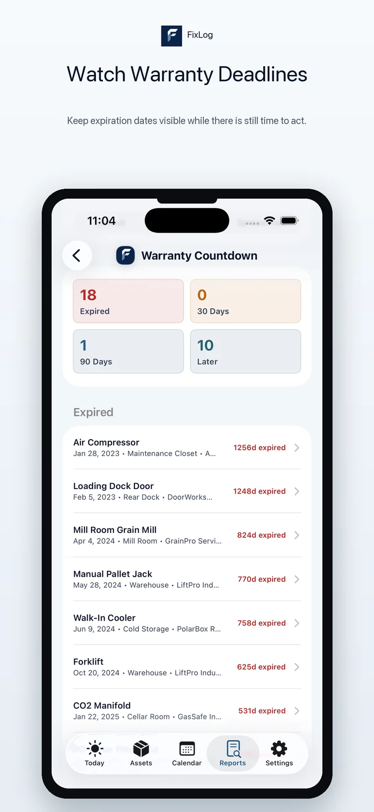 FixLog iPhone warranty countdown report