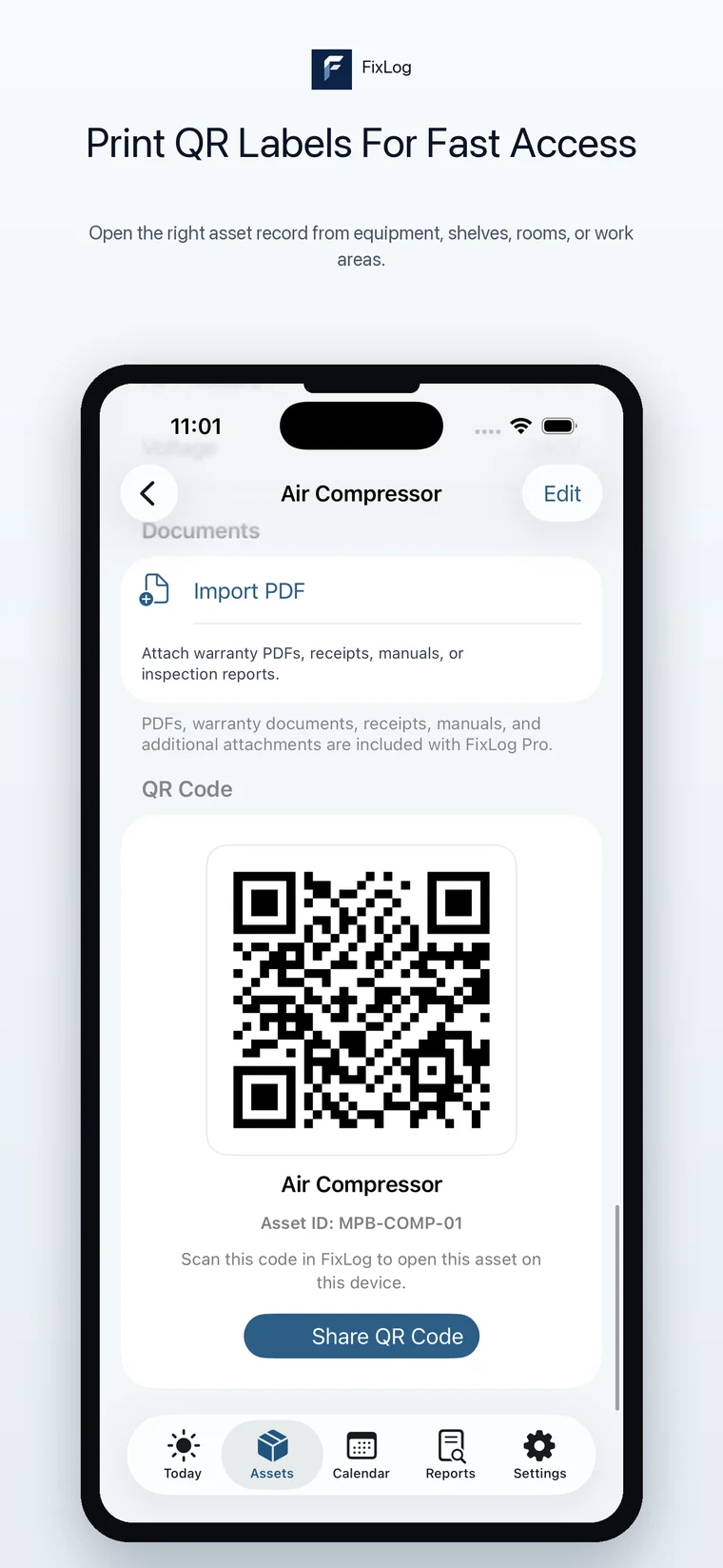 FixLog iPhone QR label printing screen