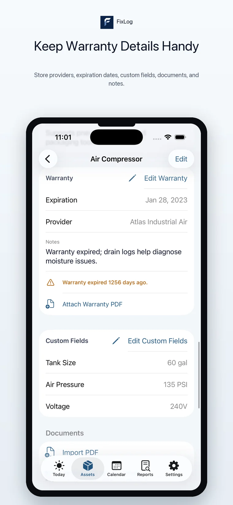 FixLog iPhone warranty details for an asset
