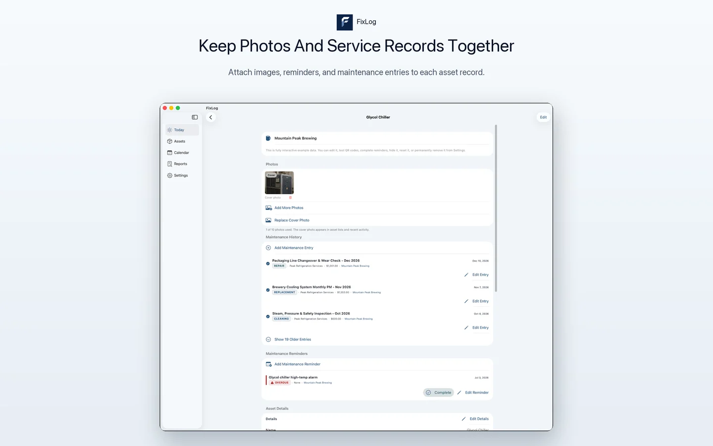 FixLog Mac asset record with photos and service history