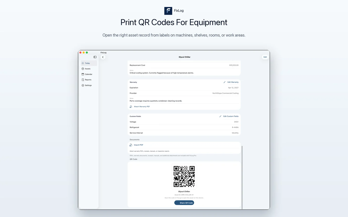 FixLog Mac QR label screen