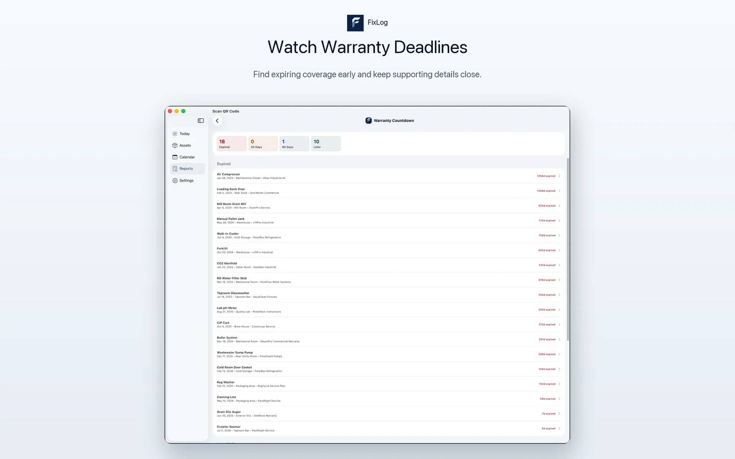 FixLog Mac warranty deadlines report