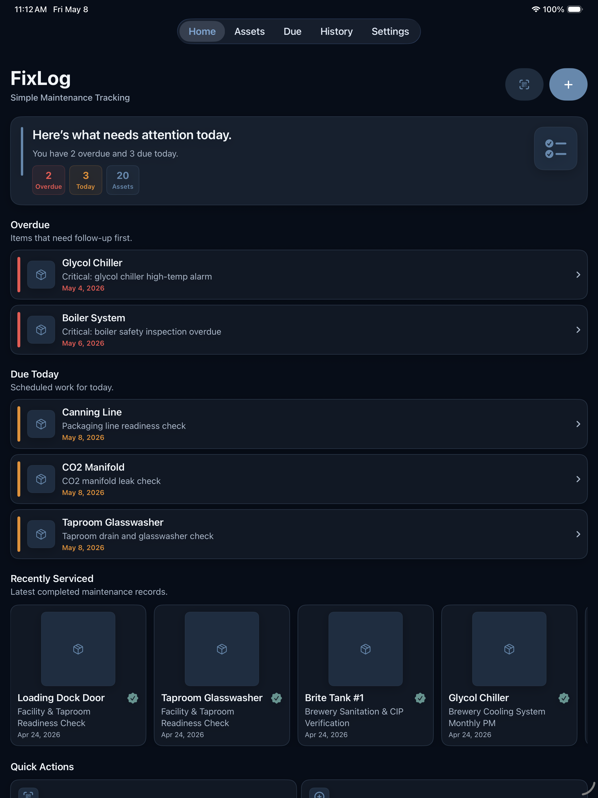 FixLog iPad dark mode screenshot