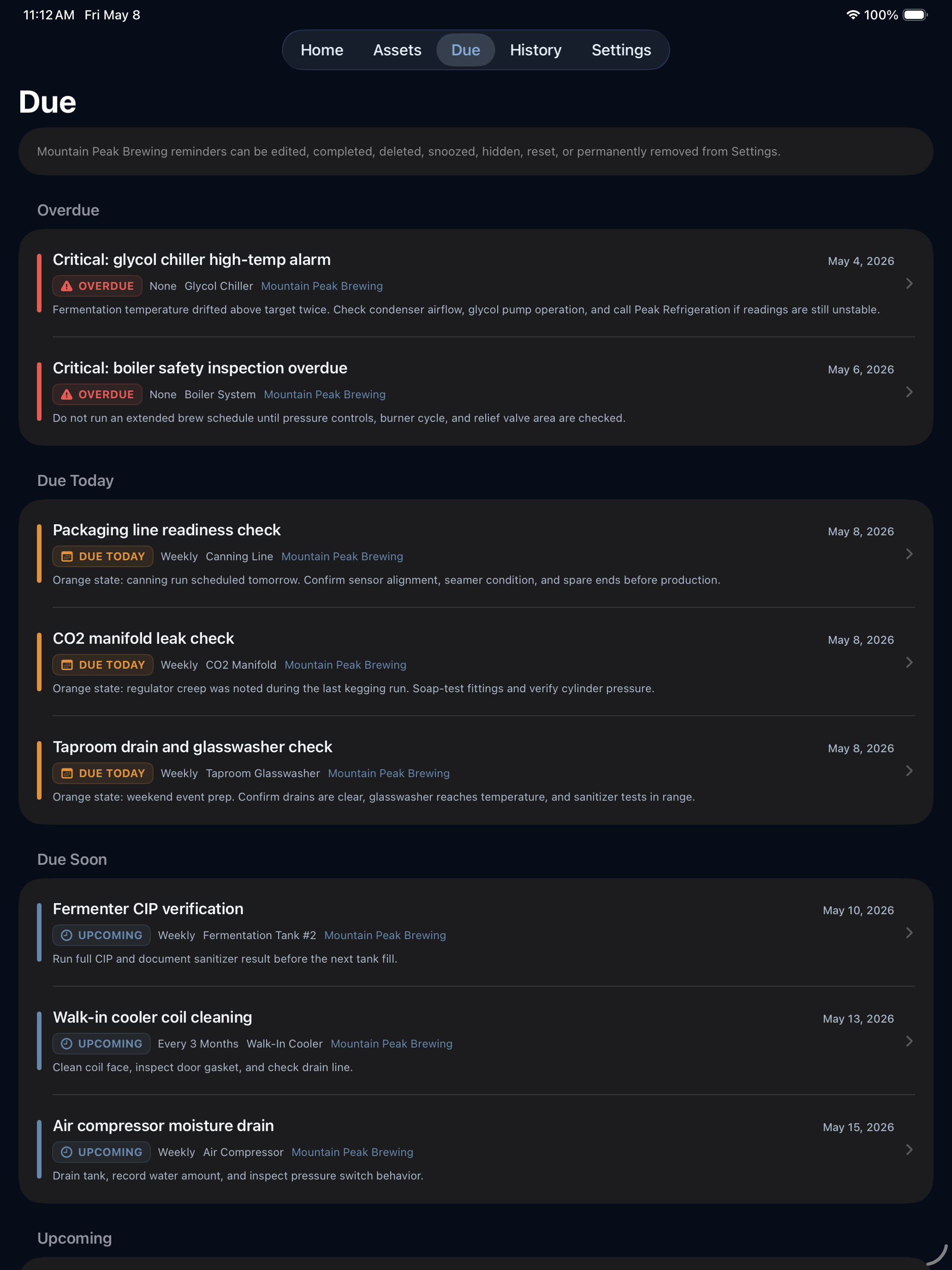 FixLog iPad dark mode Due screenshot