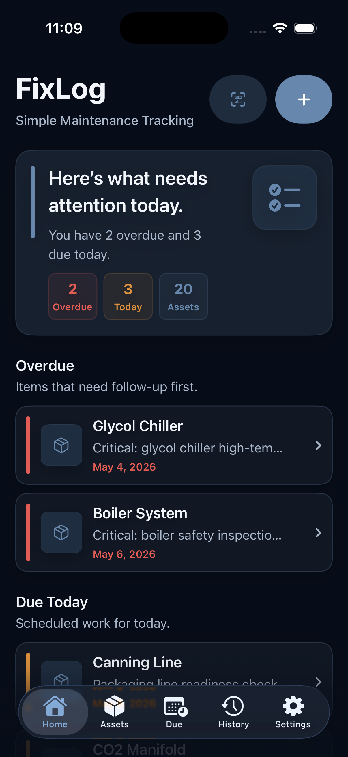 FixLog iPhone dark mode home screen screenshot