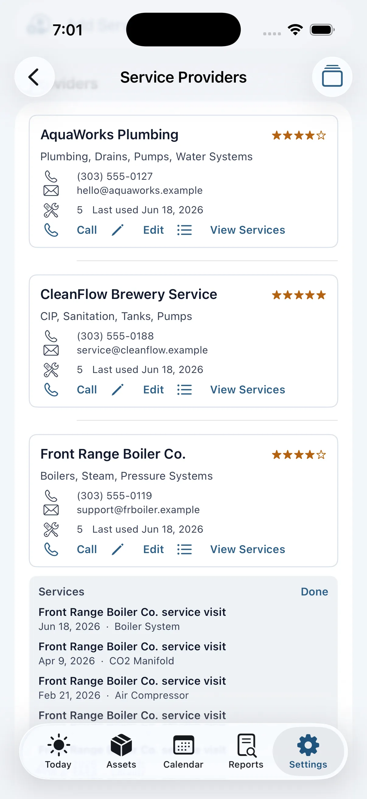 FixLog Service Provider Directory showing saved service providers
