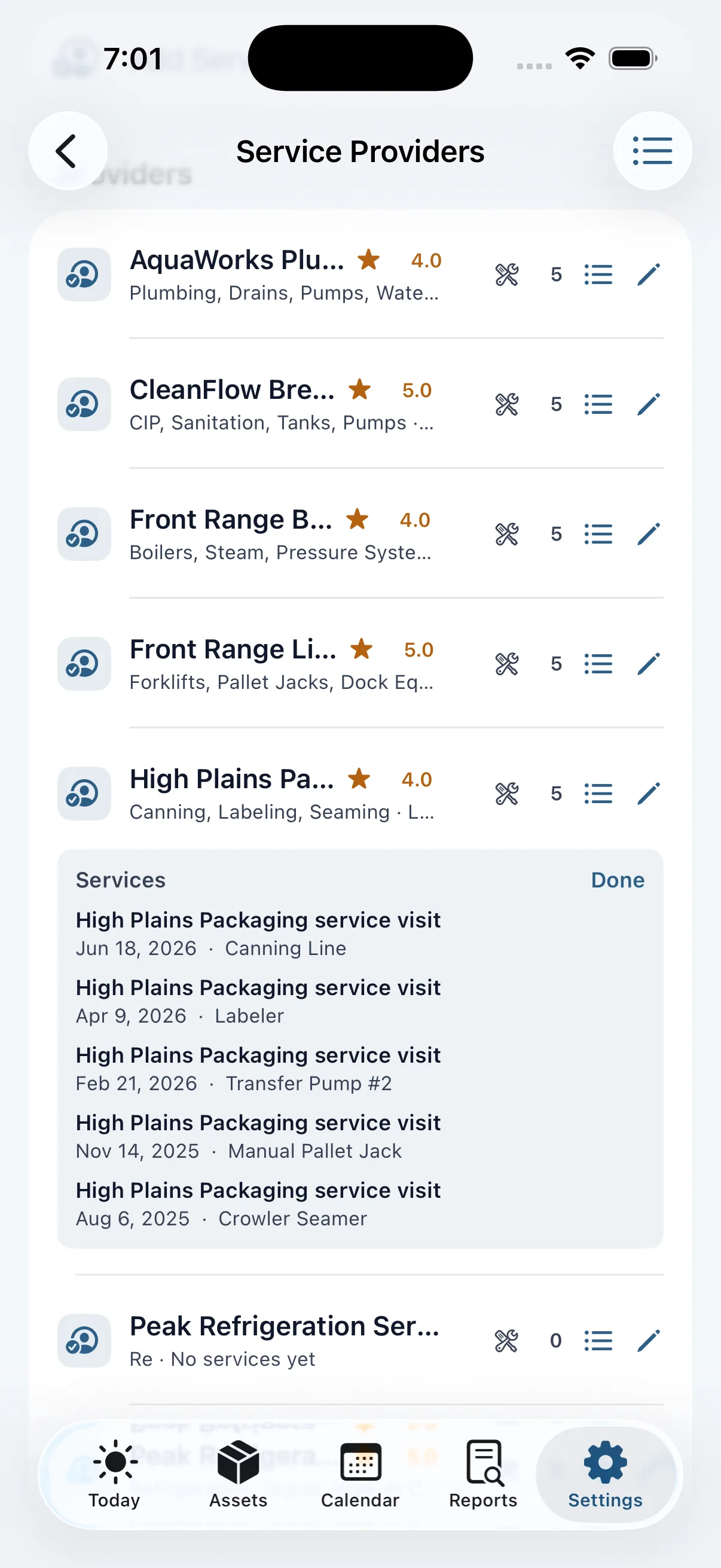FixLog service provider detail screen with contact information and linked service history
