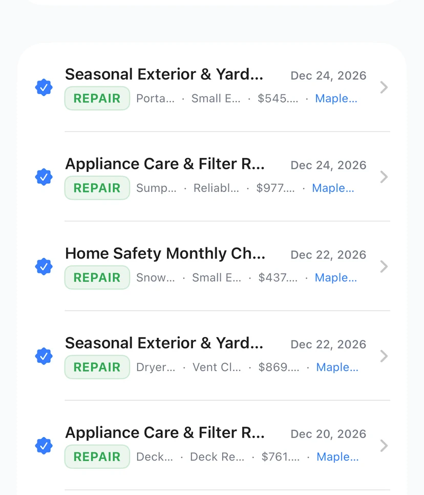 FixLog maintenance history showing past repair entries with dates, types, and costs